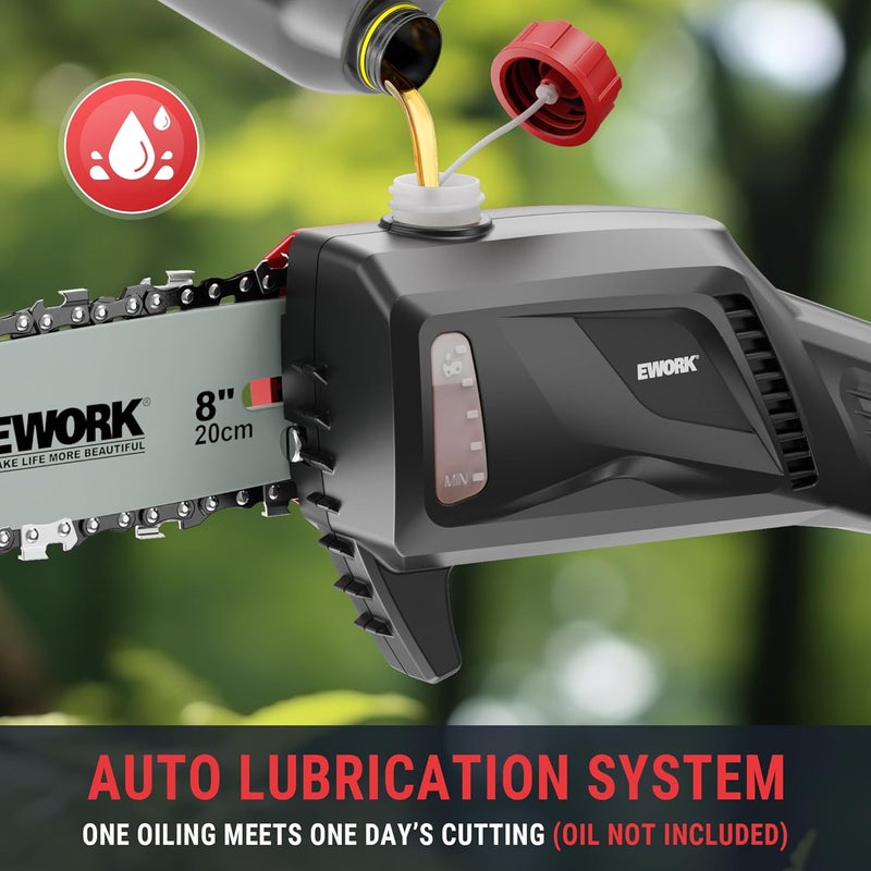 EWORK 20V 8-Inch Cordless Pole Saws for Tree Trimming, Extension Up to 14.2-Ft, Lightweight Only 6.5 Lbs, Auto Oiling Electric Pole Saw Battery Powered with Battery and Charger - EK-TT2008HH - Image 5